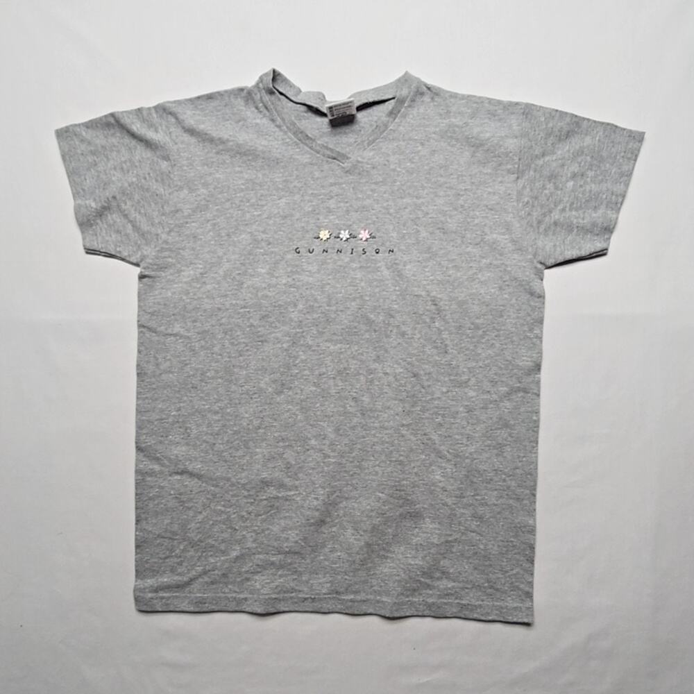 Vintage Gunnison Floral Tee Anvil Gray Womens Medium V-Neck Shirt 90s